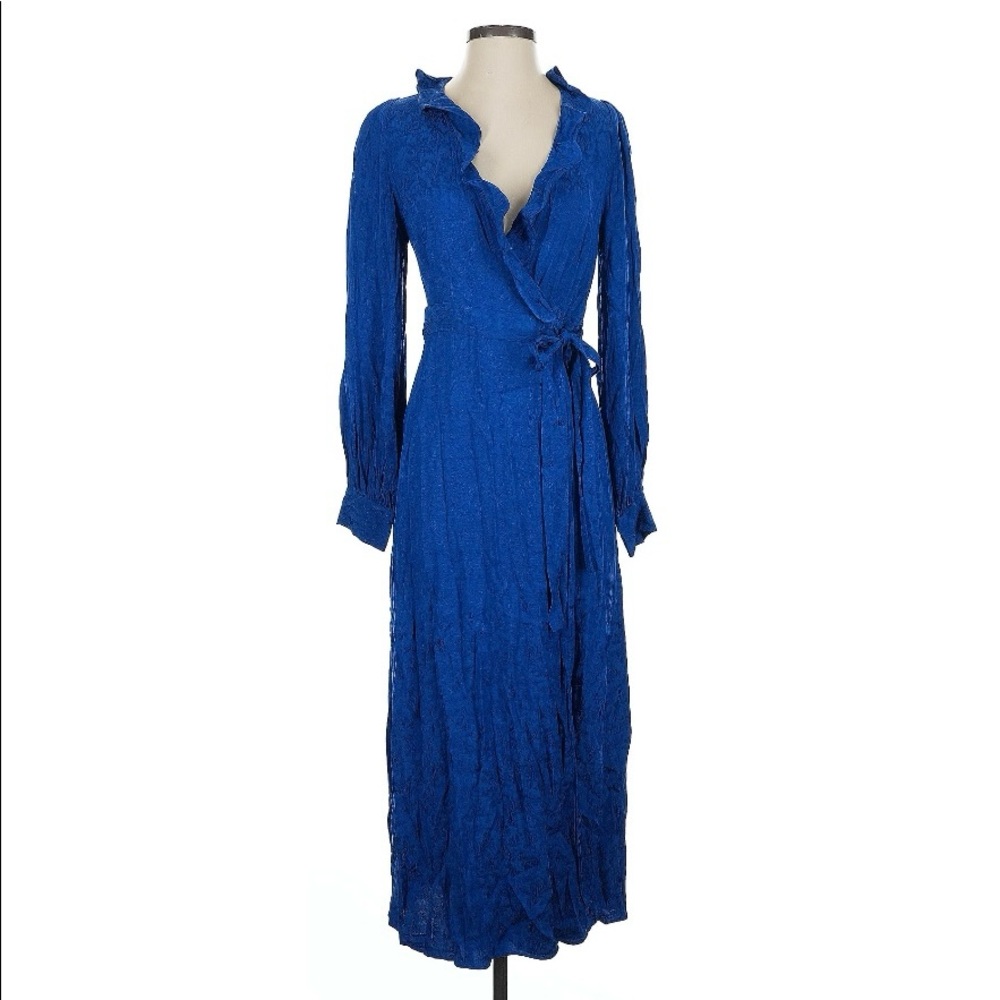 Jacquard print wrap blue long sleeve dress